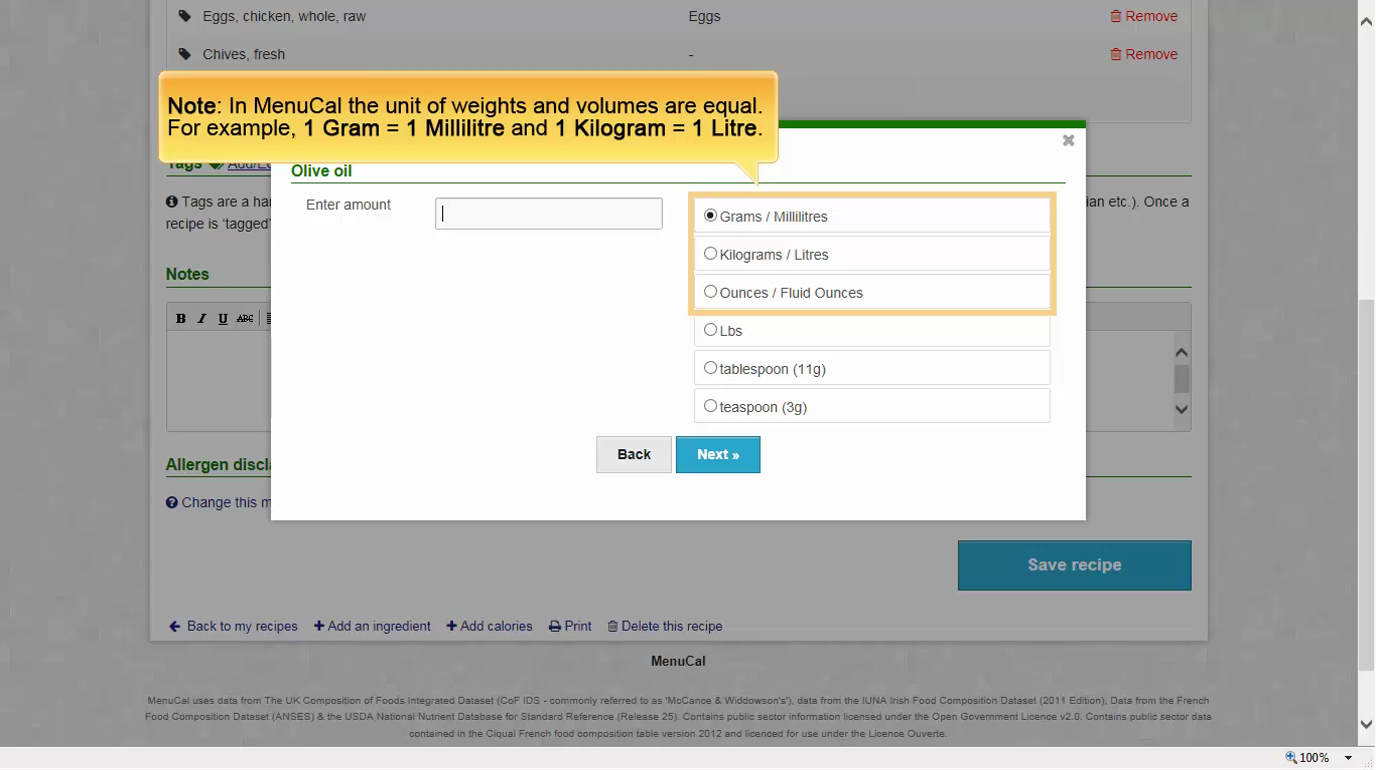 How to use MenuCal to calculate calories for recipes